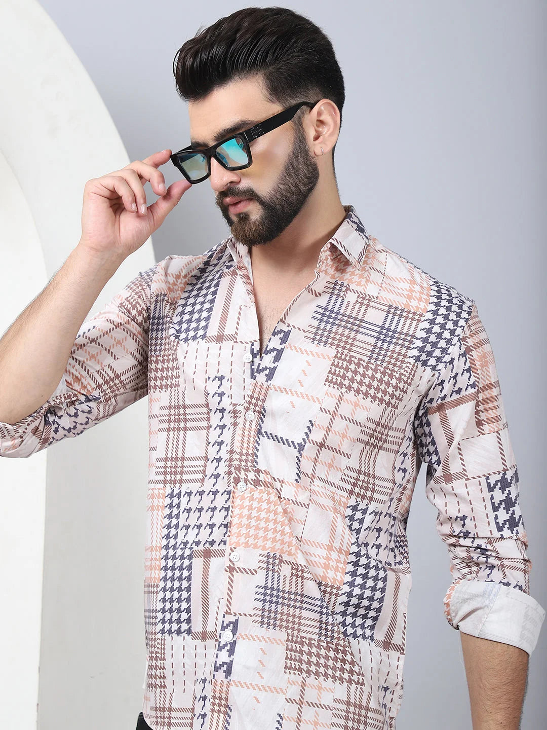 Geometric Brown Cotton Mens Shirt - Printed Casual Shirt