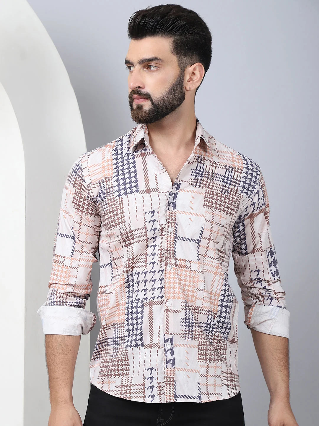 Geometric Brown Cotton Mens Shirt - Printed Casual Shirt