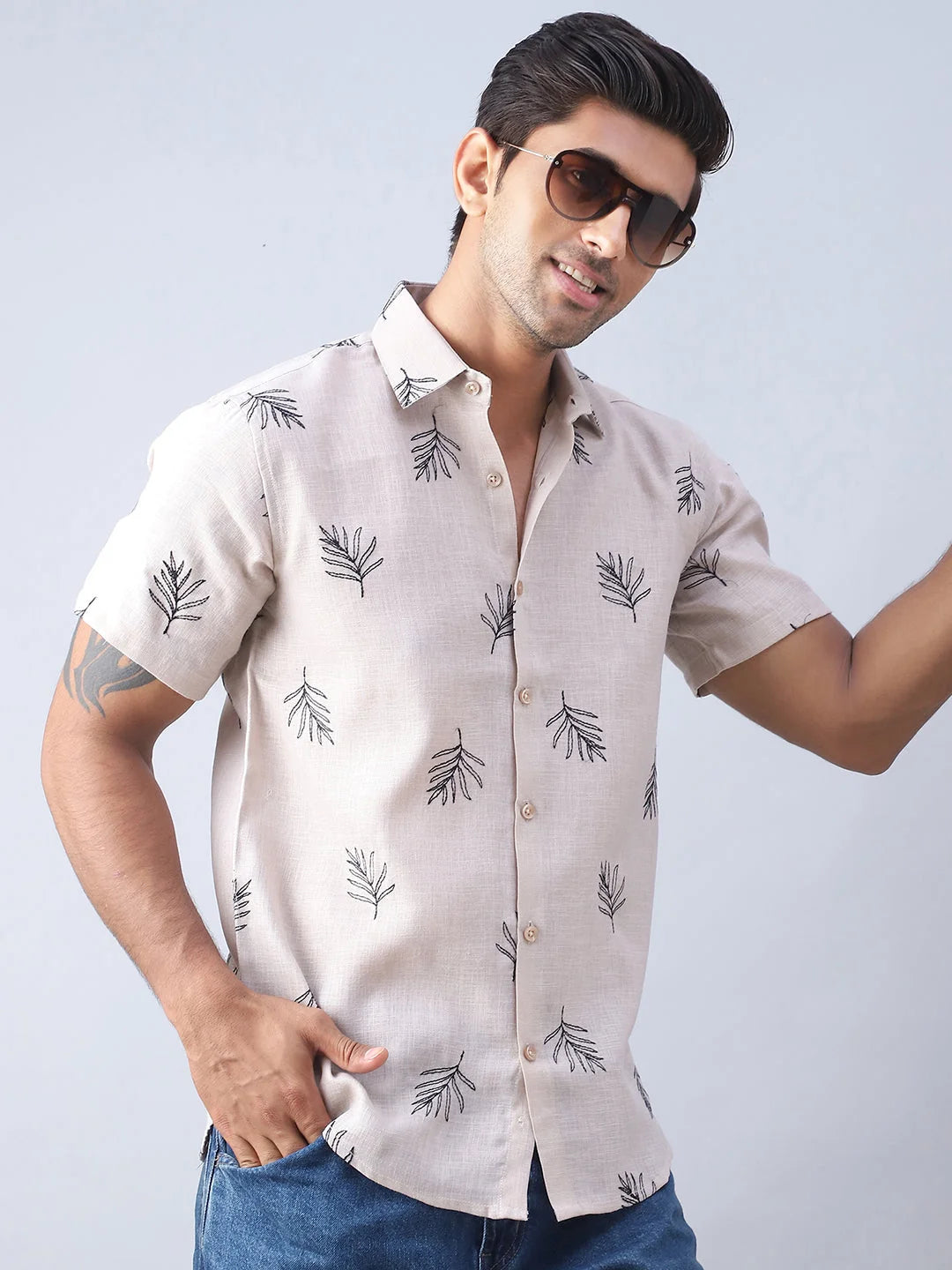 Beige Embroidered Mens Shirt - Cotton Casual Shirt Style