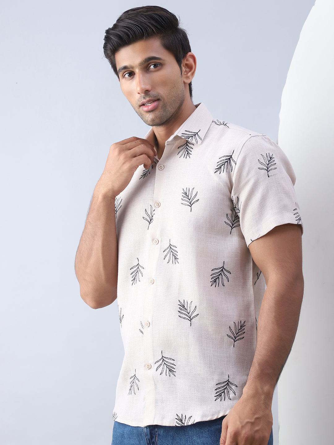 Beige Embroidered Mens Shirt - Cotton Casual Shirt Style
