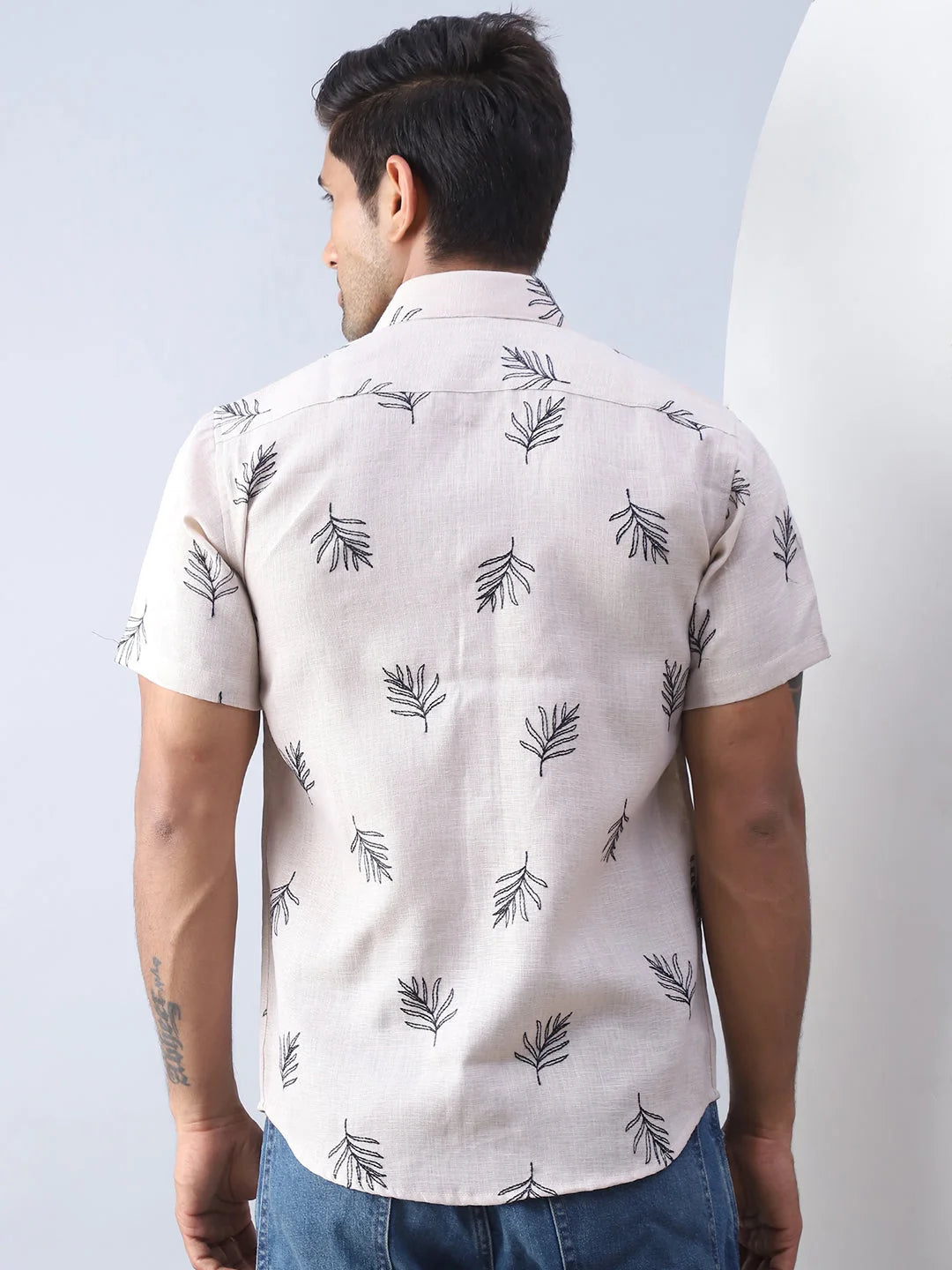 Beige Embroidered Mens Shirt - Cotton Casual Shirt Style