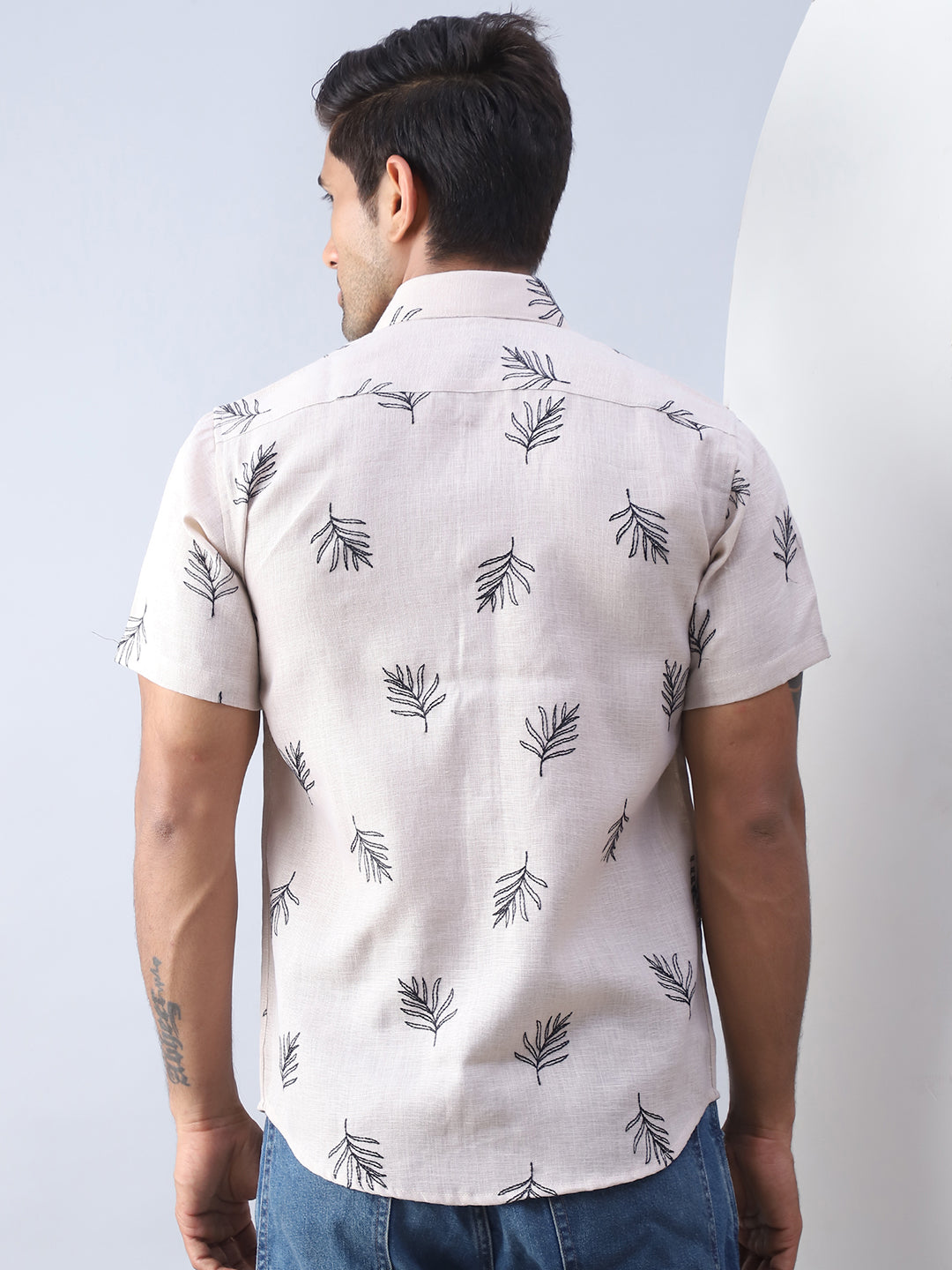 Beige Embroidered Mens Shirt - Cotton Casual Shirt Style