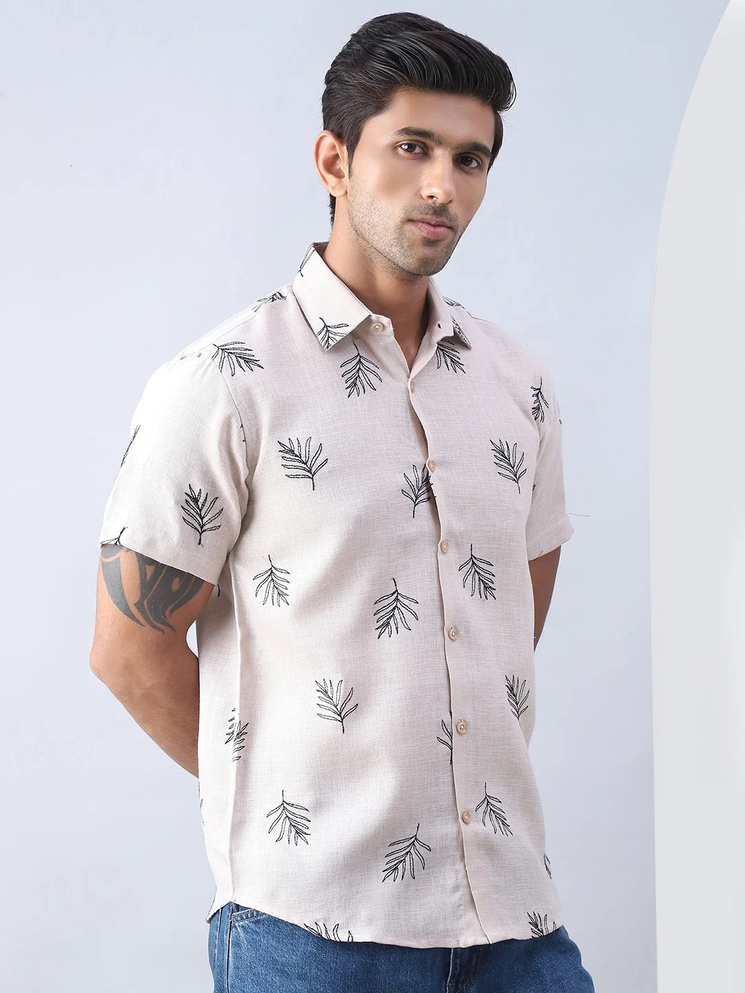 Beige Embroidered Mens Shirt - Cotton Casual Shirt Style