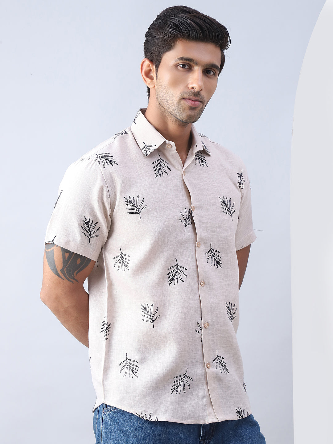 Beige Embroidered Mens Shirt - Cotton Casual Shirt Style