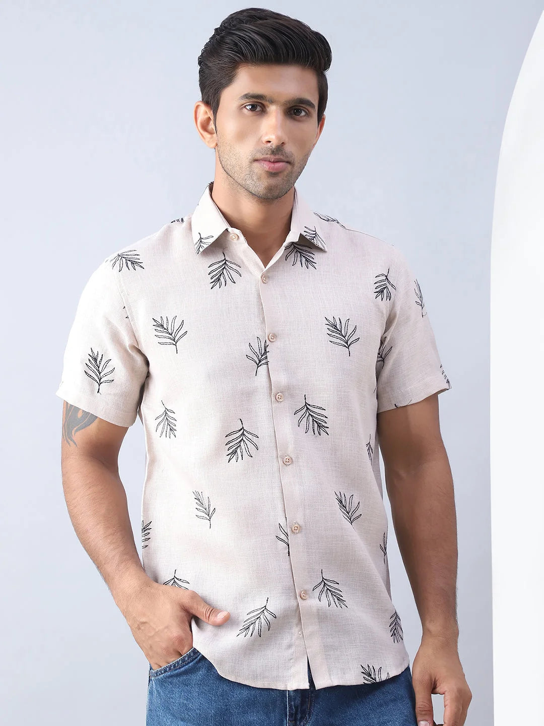 Beige Embroidered Mens Shirt - Cotton Casual Shirt Style
