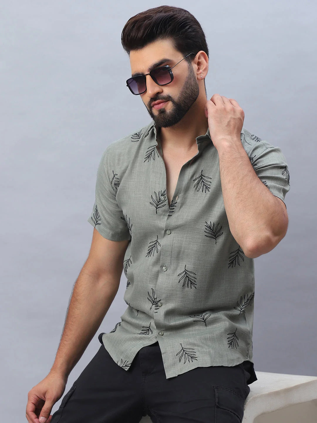 Embroidered Olive Cotton Shirt - Mens Casual Shirt | StyleForward