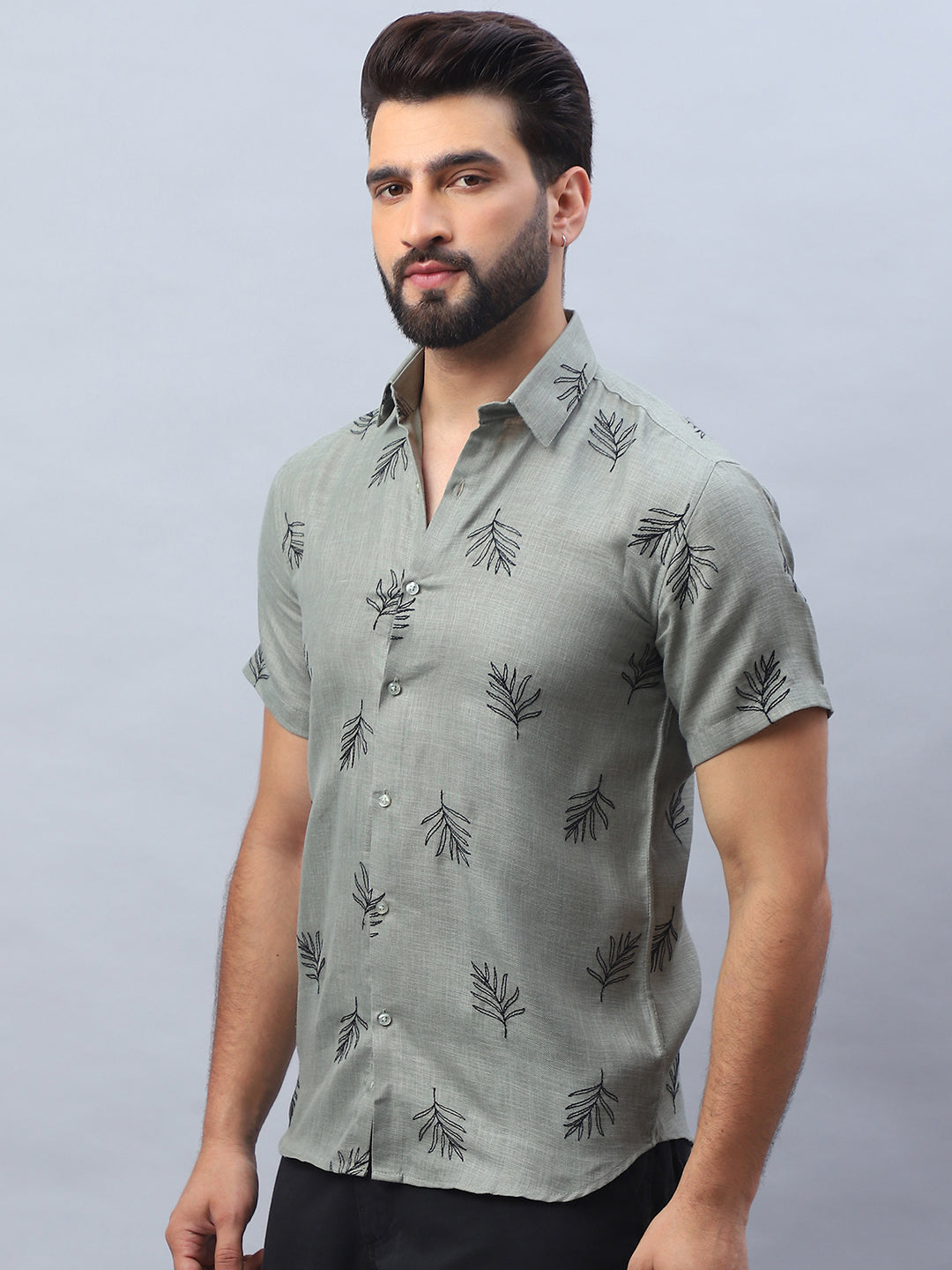 Embroidered Olive Cotton Shirt - Mens Casual Shirt | StyleForward