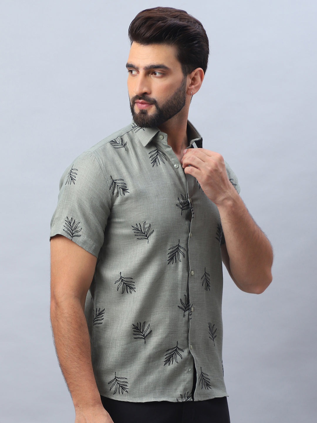 Embroidered Olive Cotton Shirt - Mens Casual Shirt | StyleForward