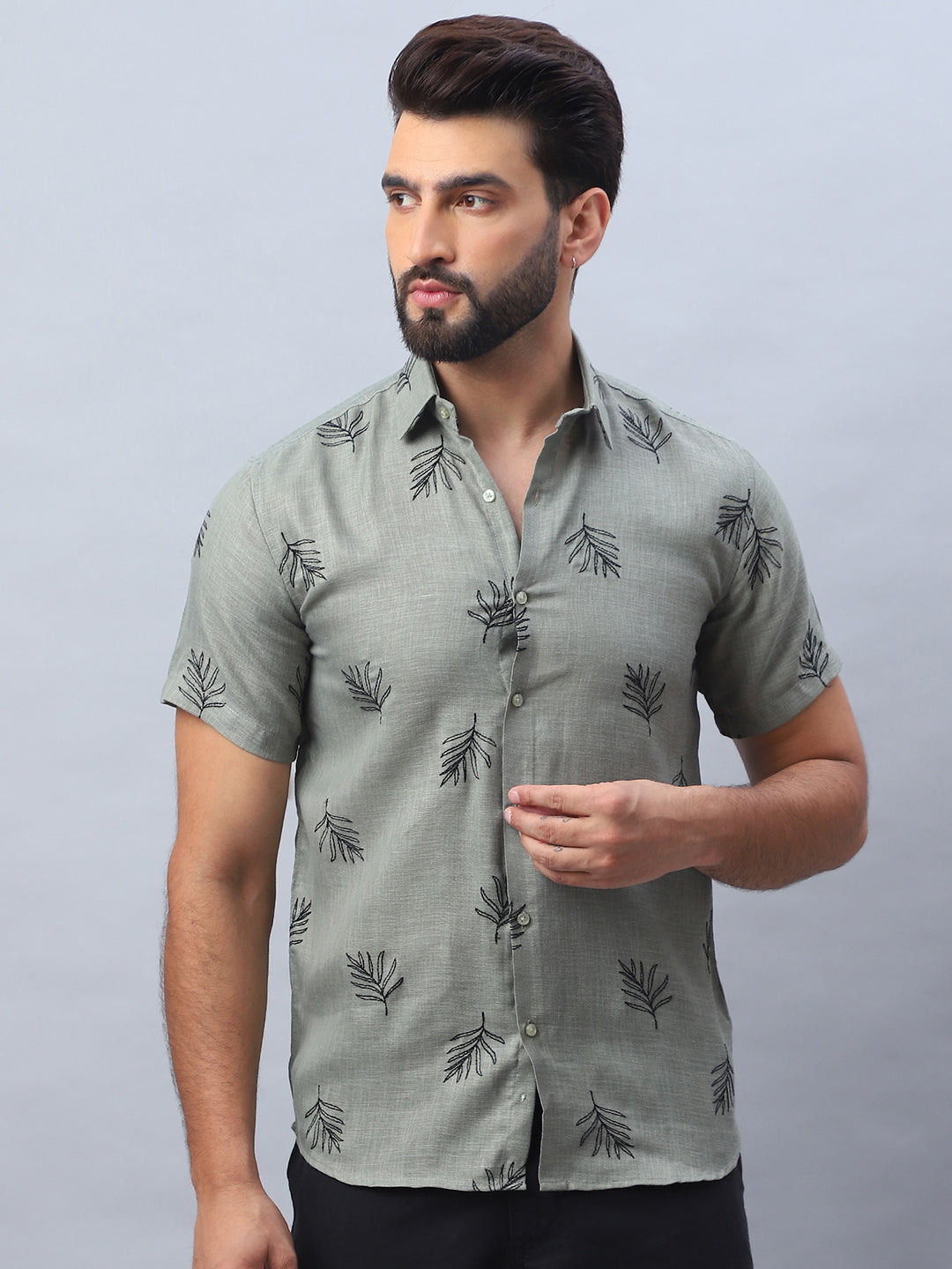 Embroidered Olive Cotton Shirt - Mens Casual Shirt | StyleForward