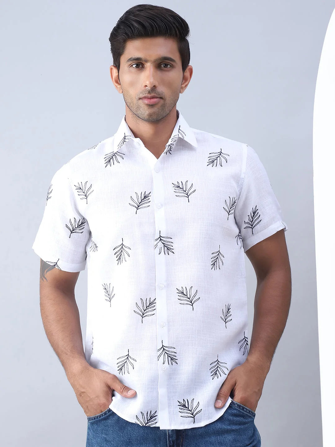 White Embroidered Mens Shirt - Cotton Casual Shirt Style