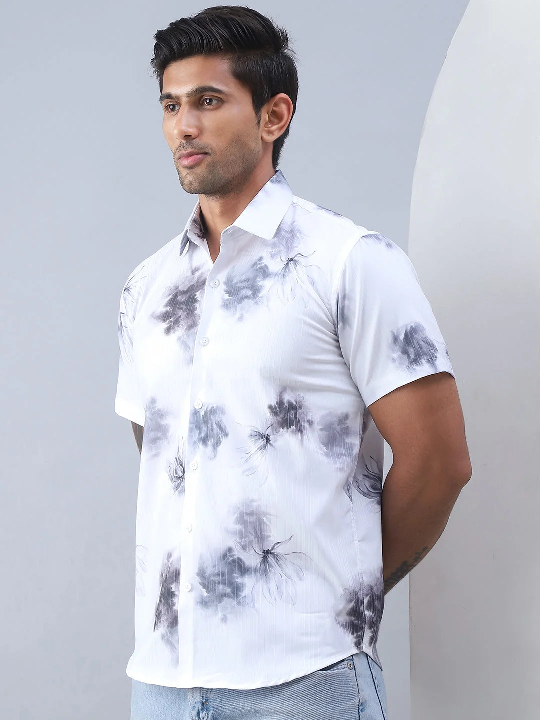 Grey Printed Shirt - Short Sleeve Cotton Casual Mens Shirt