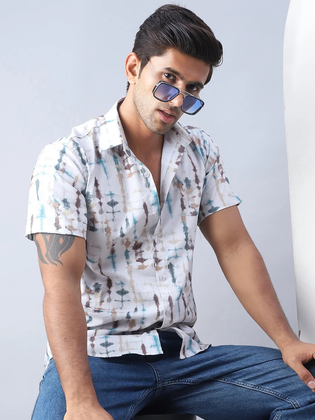 Mens Multi Printed Shirt - Short Sleeve Cotton Casual Shirt