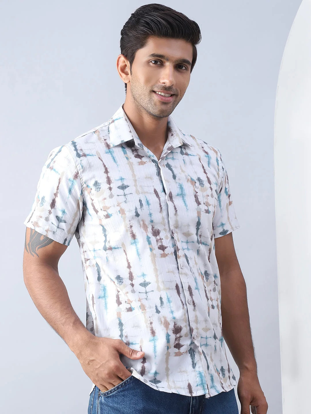 Mens Multi Printed Shirt - Short Sleeve Cotton Casual Shirt