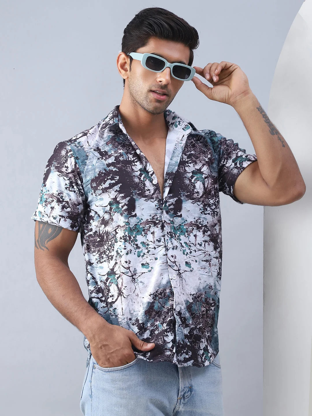 Green Printed Cotton Shirt - Short Sleeve Casual Mens Shirt