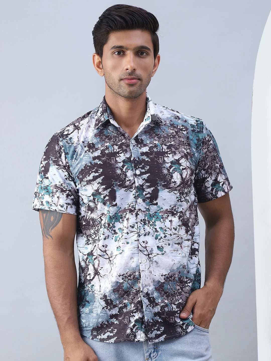 Green Printed Cotton Shirt - Short Sleeve Casual Mens Shirt