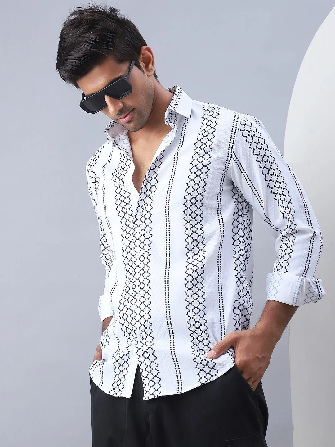 White Printed Cotton Shirt for Men - Casual Mens Shirt