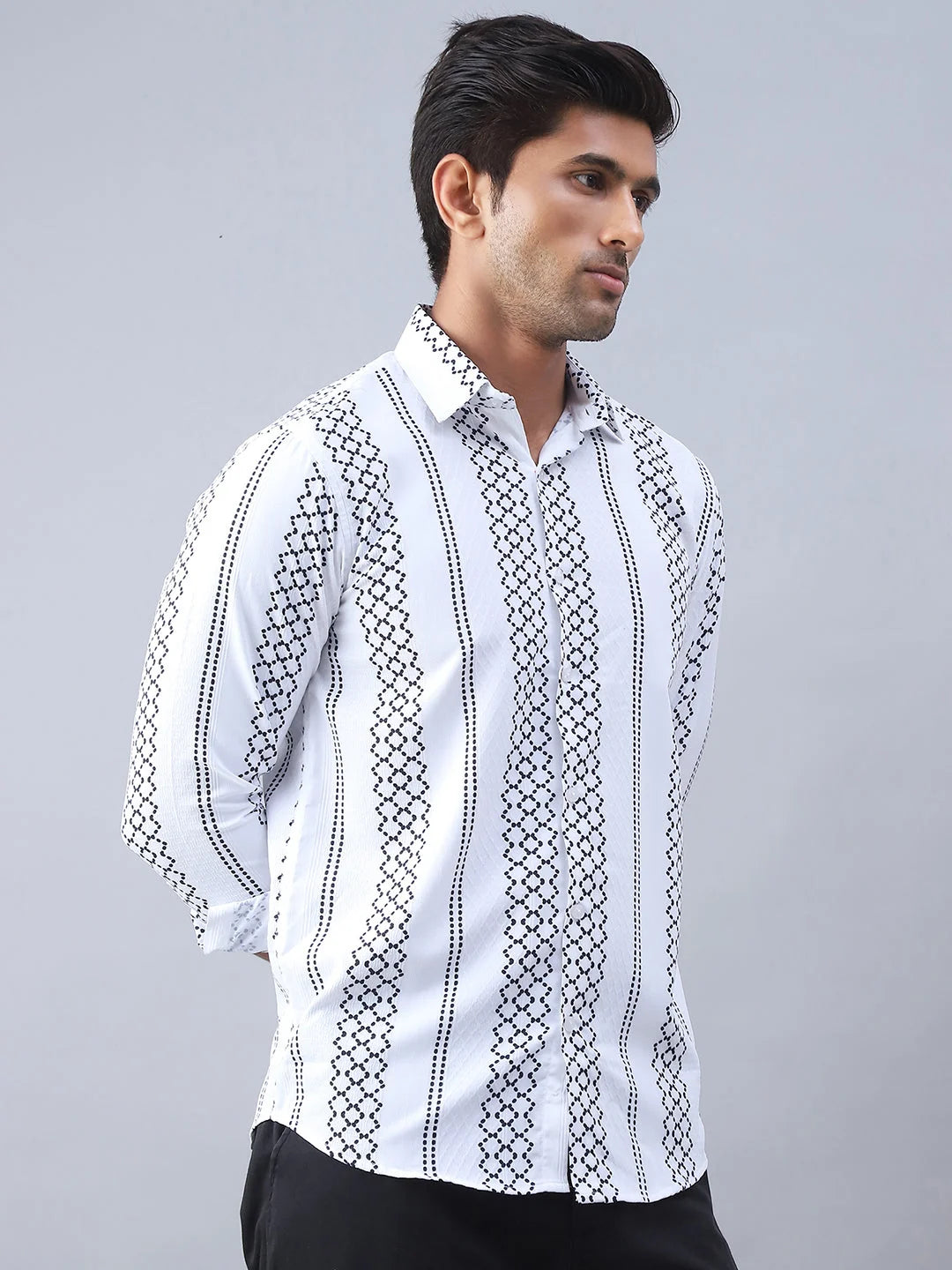 White Printed Cotton Shirt for Men - Casual Mens Shirt