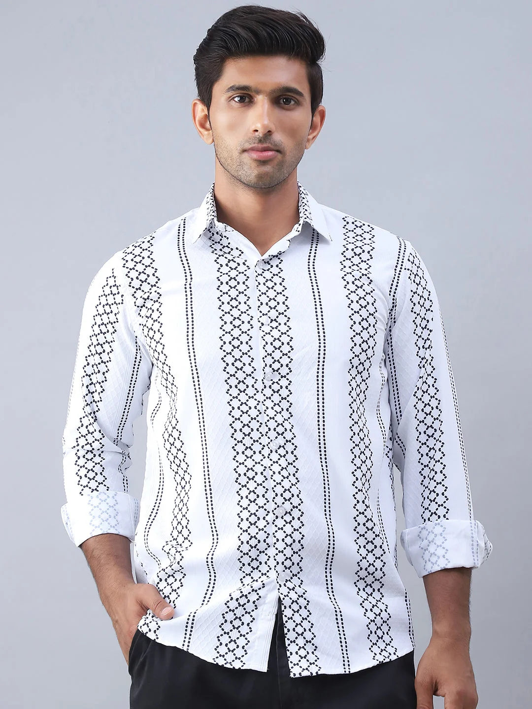 White Printed Cotton Shirt for Men - Casual Mens Shirt
