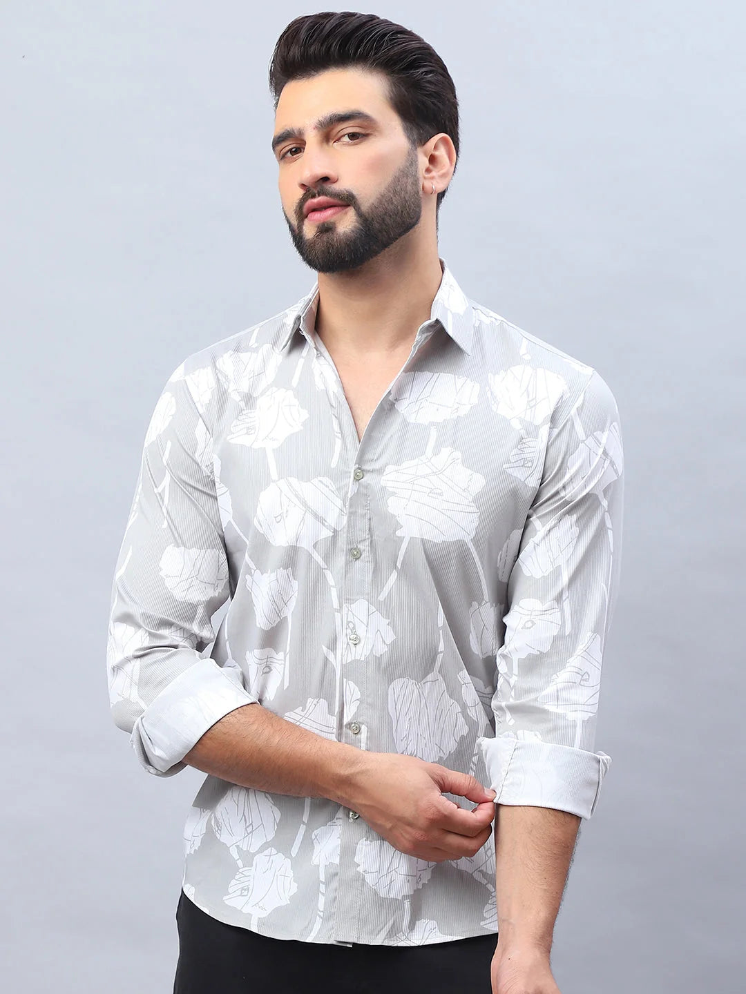 Printed Cotton Shirt - Grey Casual Mens Shirt | StyleForward