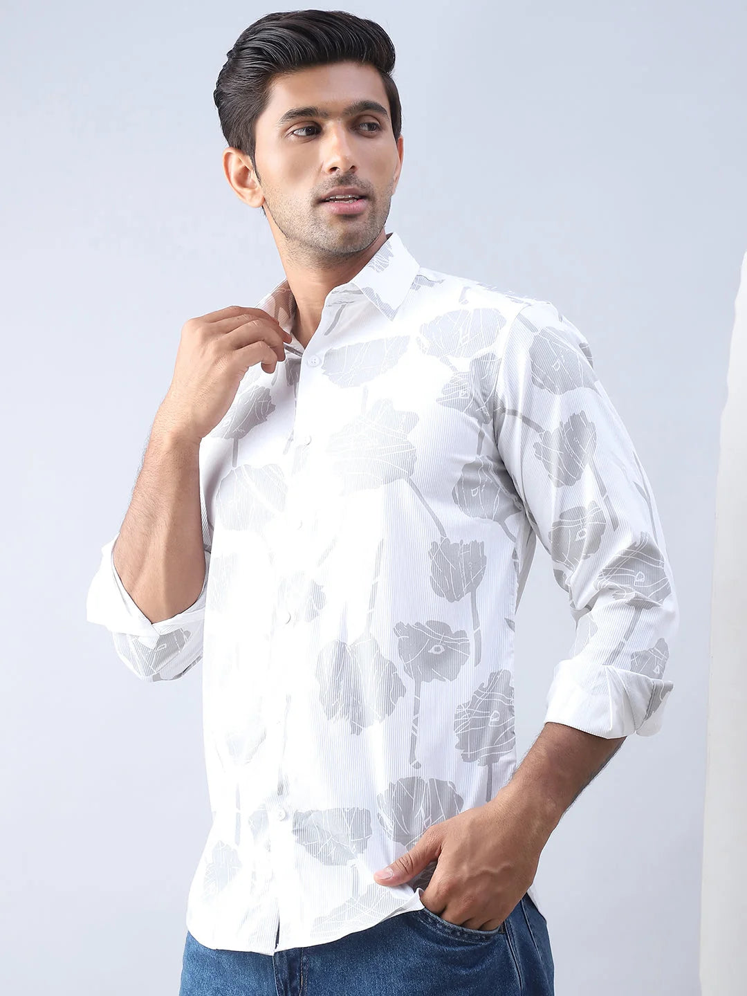 Mens Printed Cotton Shirt - Casual Off-White Long Sleeve Shirt