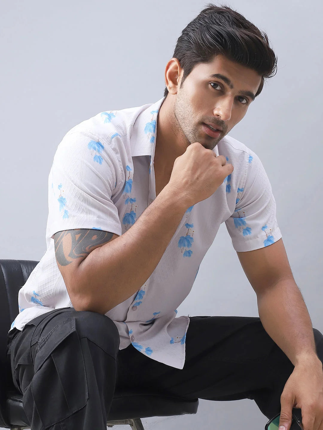 Printed Cotton Mens Shirt - Cream Casual Shirt | Short Sleeve