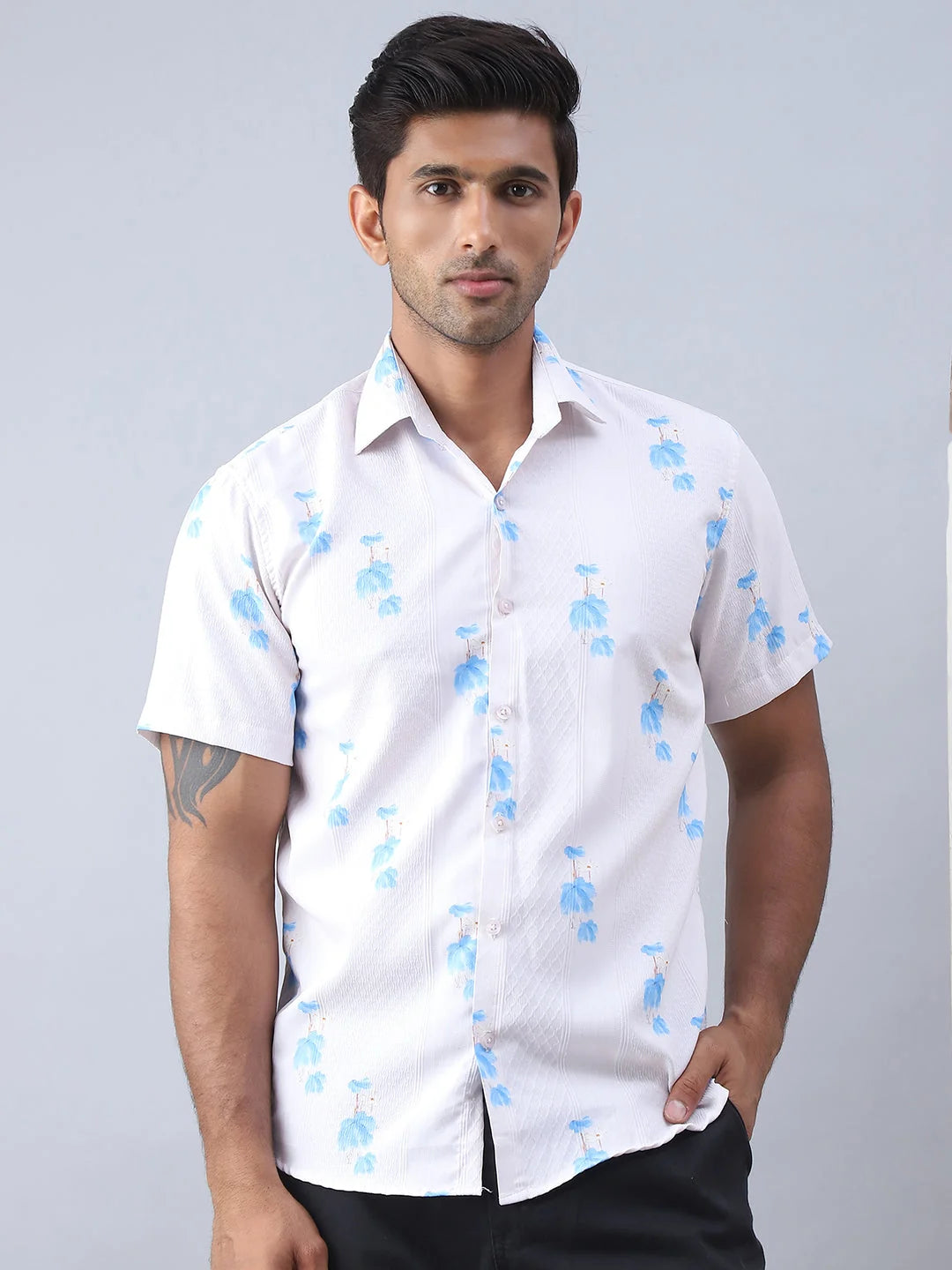 Printed Cotton Mens Shirt - Cream Casual Shirt | Short Sleeve