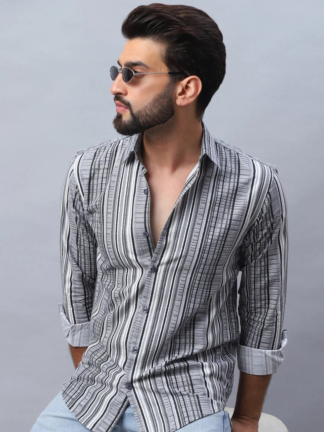 Striped Cotton Casual Shirt For Men-SF-980Grey