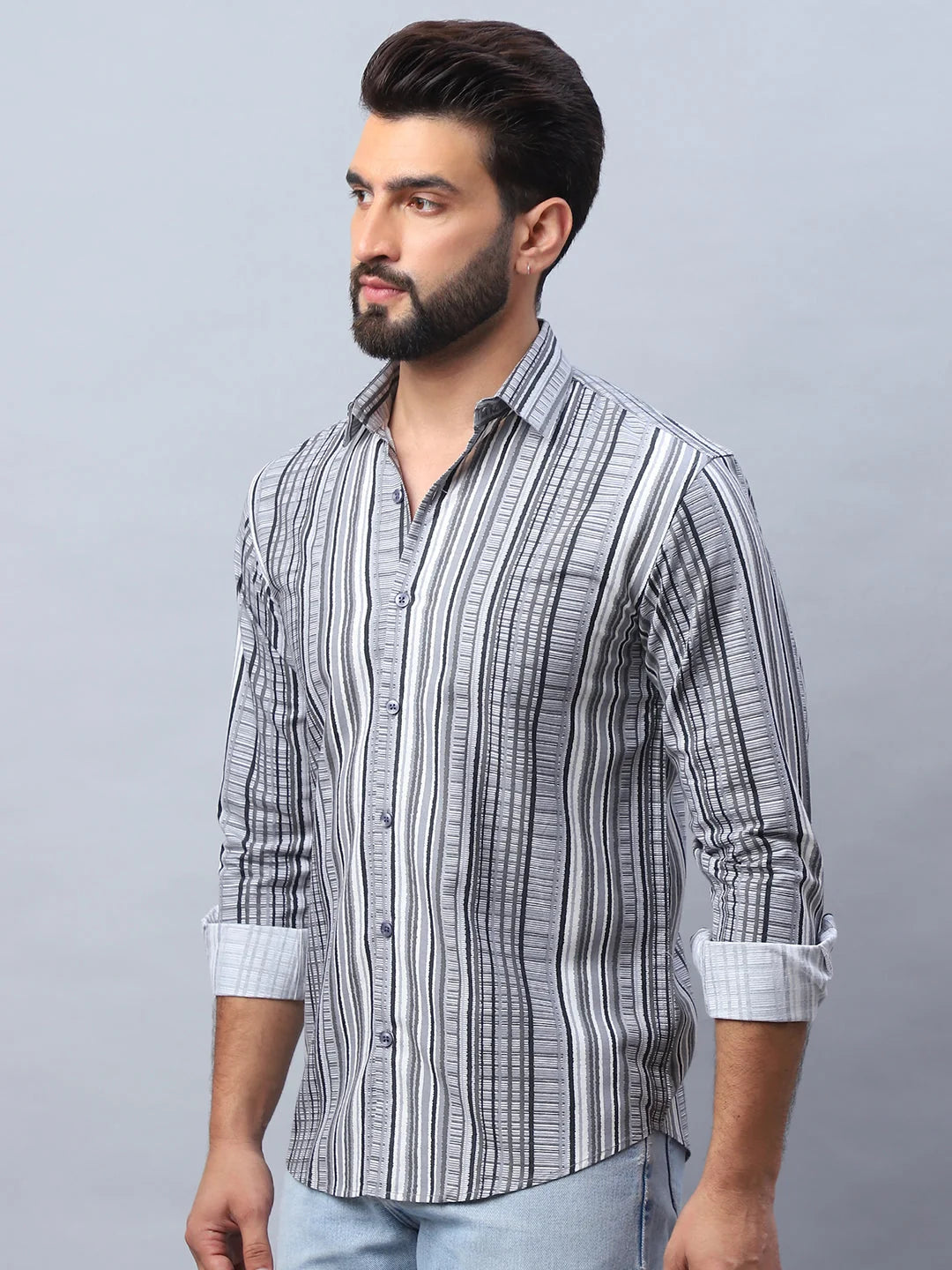 Striped Cotton Mens Shirt - Grey Casual Shirt for Men