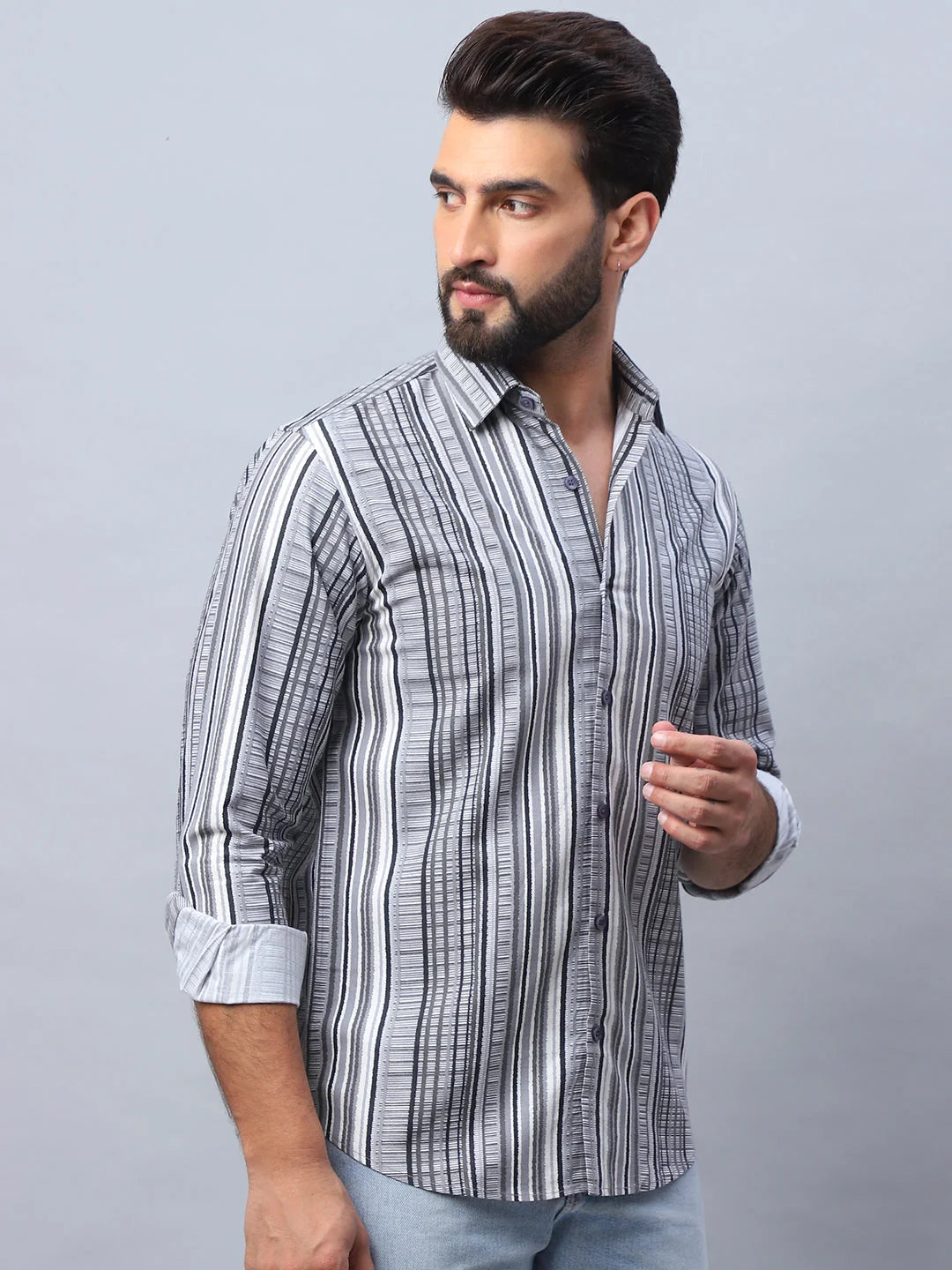 Striped Cotton Mens Shirt - Grey Casual Shirt for Men