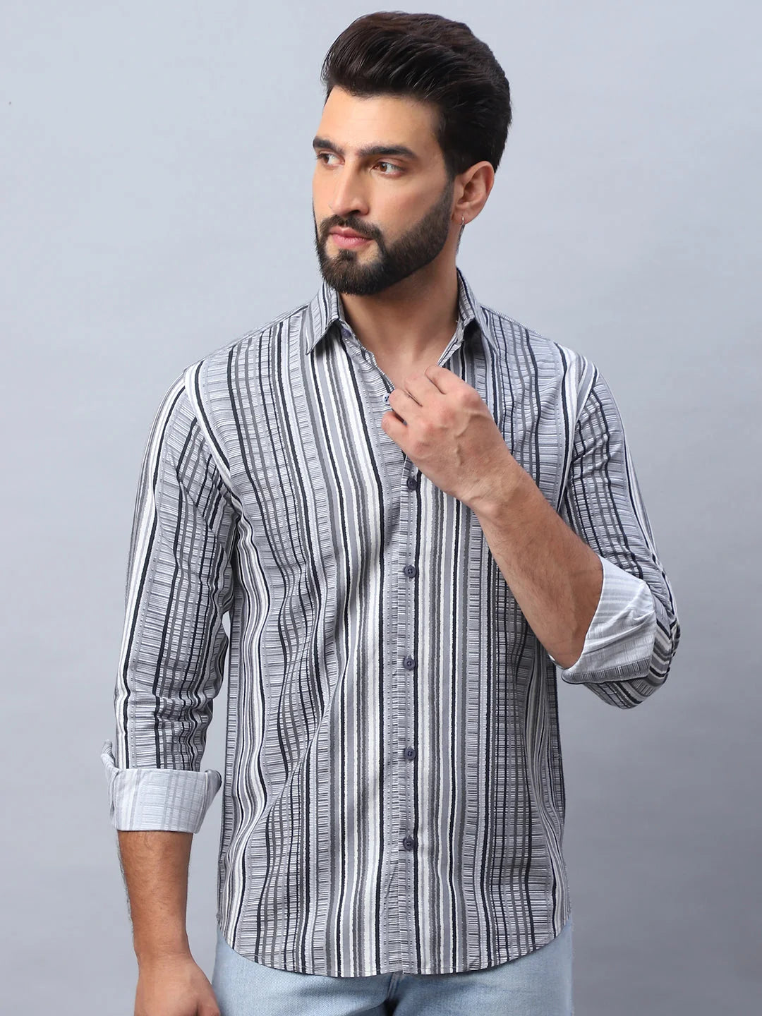 Striped Cotton Mens Shirt - Grey Casual Shirt for Men