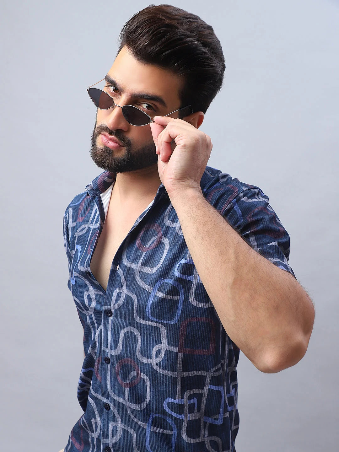 Navy Printed Mens Shirt - Stylish Cotton Casual Shirt for Men