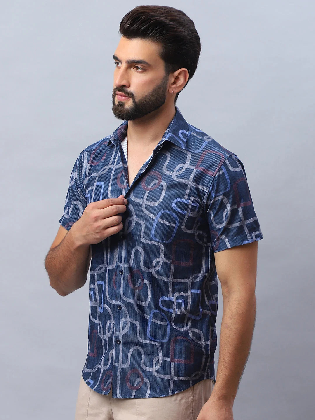 Navy Printed Mens Shirt - Stylish Cotton Casual Shirt for Men