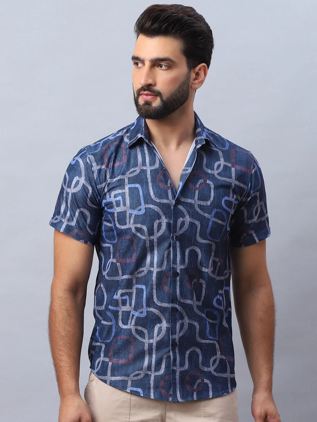 Navy Printed Mens Shirt - Stylish Cotton Casual Shirt for Men