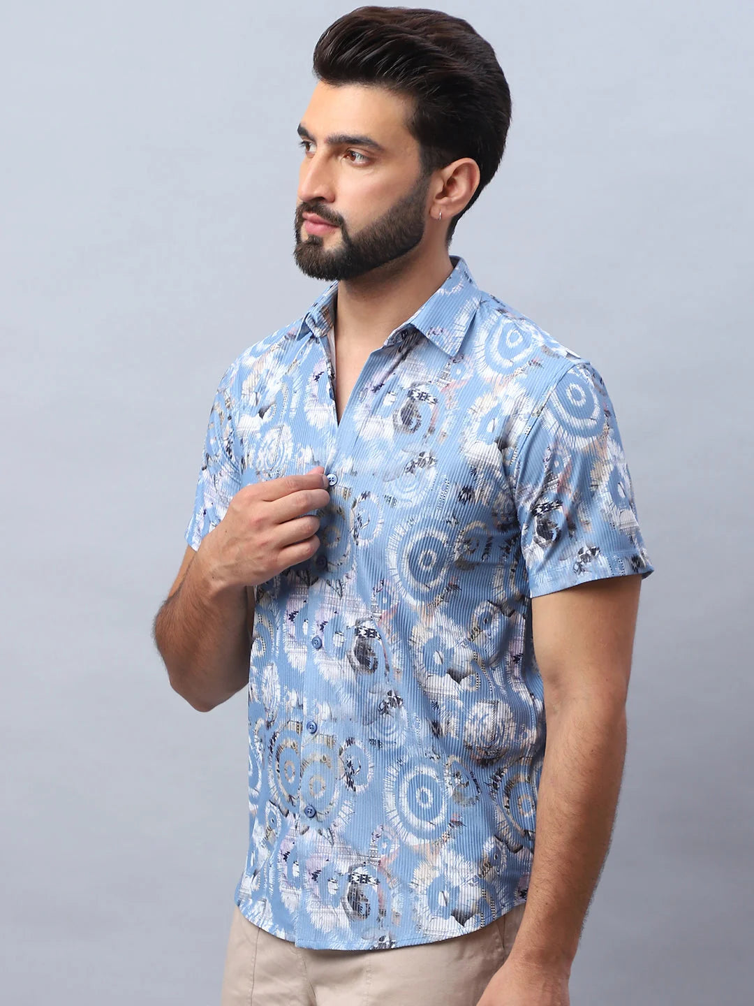 Printed Mens Shirt - Sky Blue Cotton Casual Shirt for Men