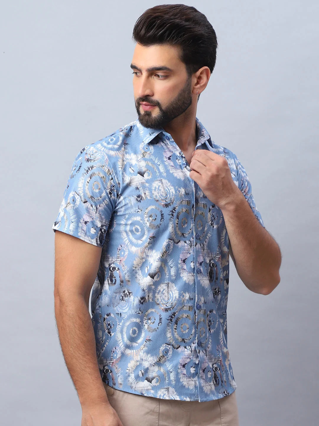 Printed Mens Shirt - Sky Blue Cotton Casual Shirt for Men