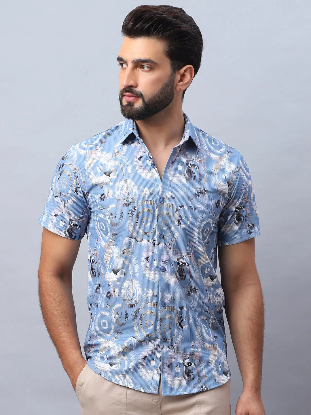 Printed Mens Shirt - Sky Blue Cotton Casual Shirt for Men