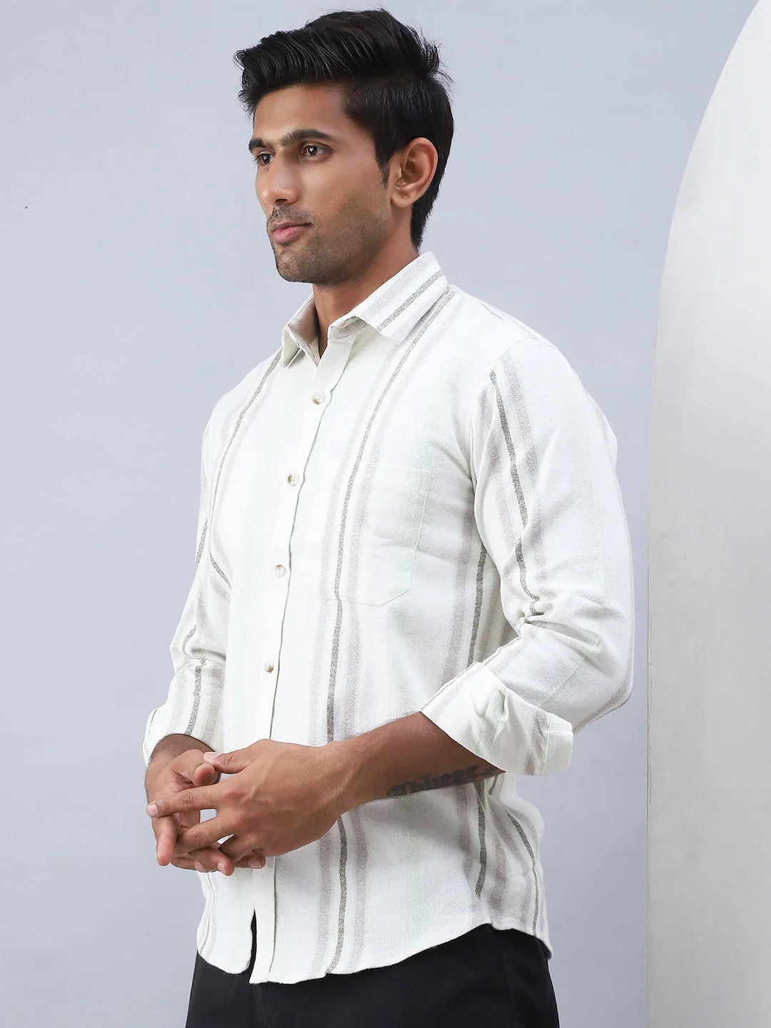 Striped Cream Linen Cotton Shirt - Mens Casual Shirt | StyleFo...