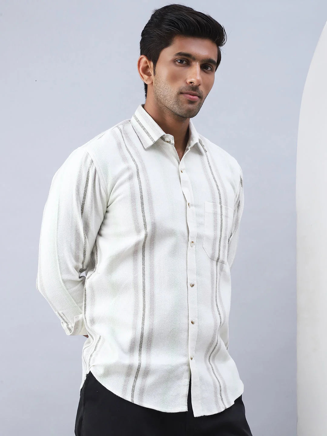 Striped Cream Linen Cotton Shirt - Mens Casual Shirt | StyleFo...