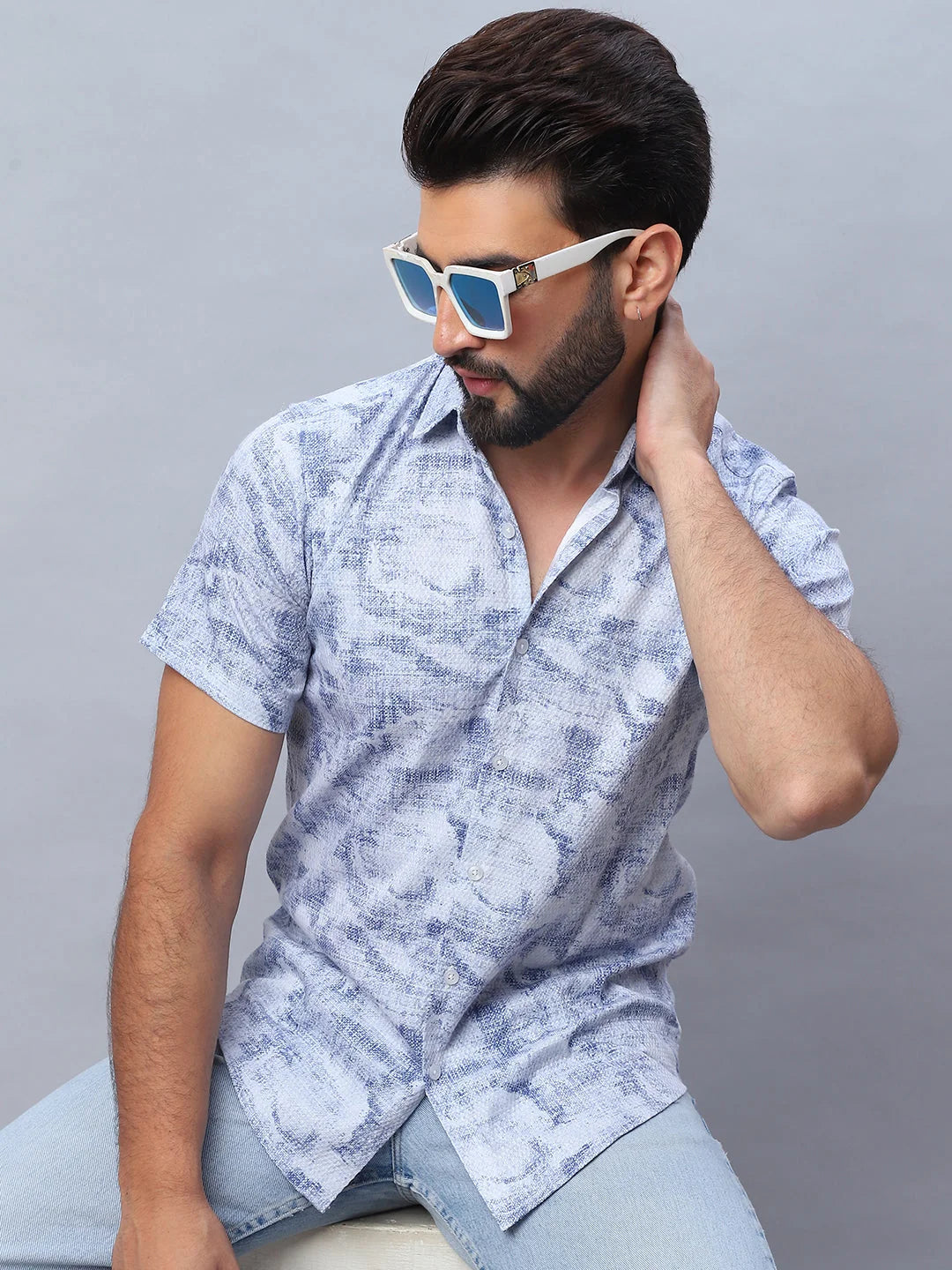Abstract Printed Mens Shirt - Blue Cotton Casual Style