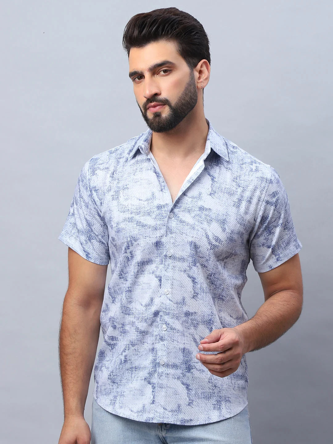 Abstract Printed Mens Shirt - Blue Cotton Casual Style