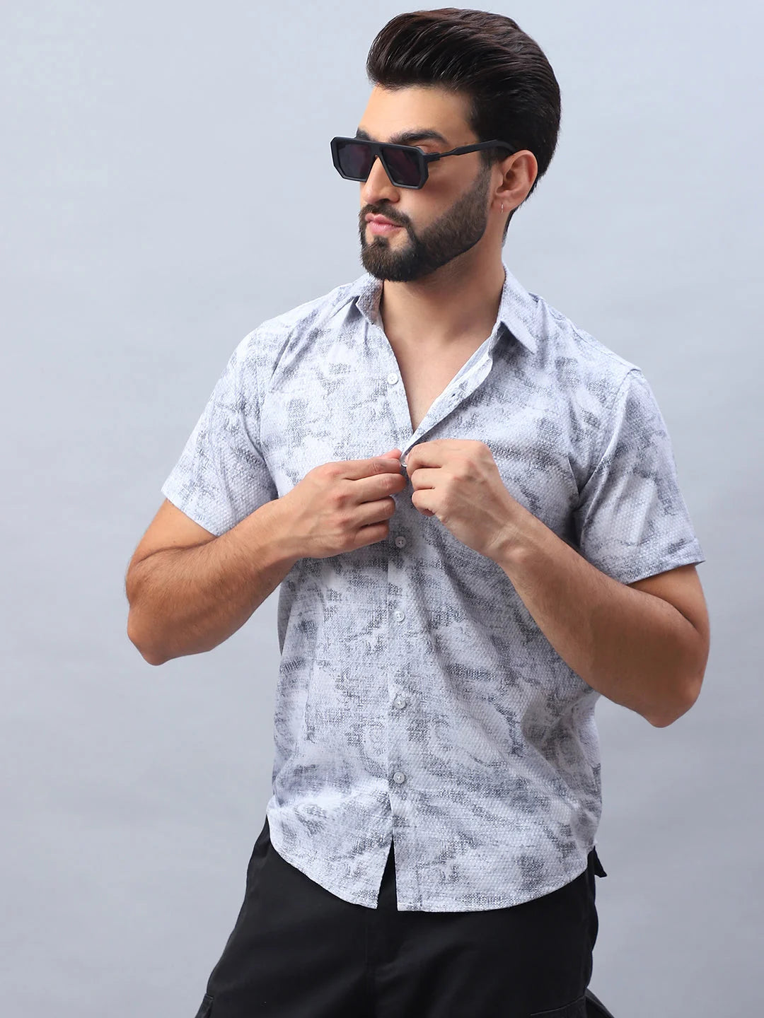 Abstract Printed Mens Shirt - Light Grey Cotton Blend