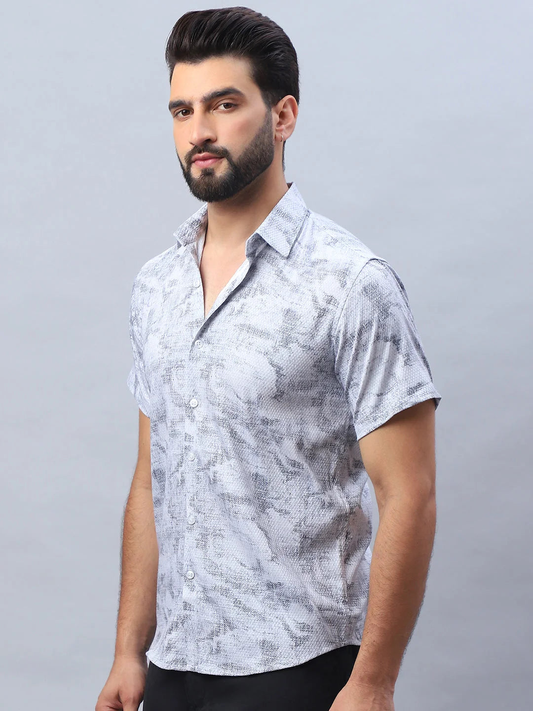 Abstract Printed Mens Shirt - Light Grey Cotton Blend