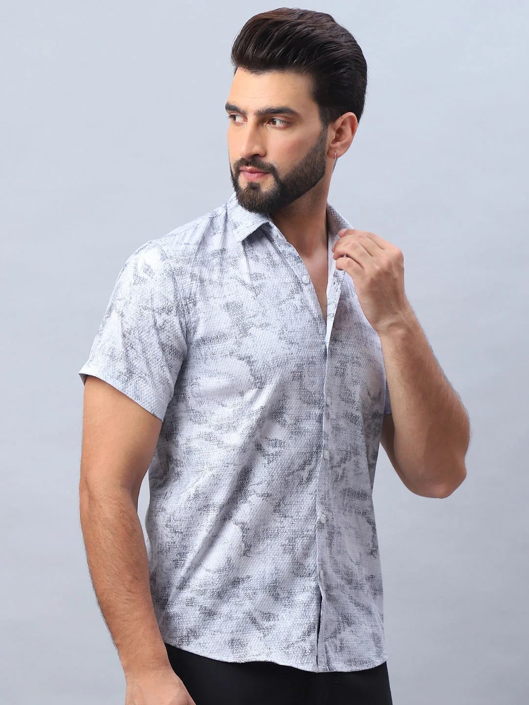 Abstract Printed Mens Shirt - Light Grey Cotton Blend