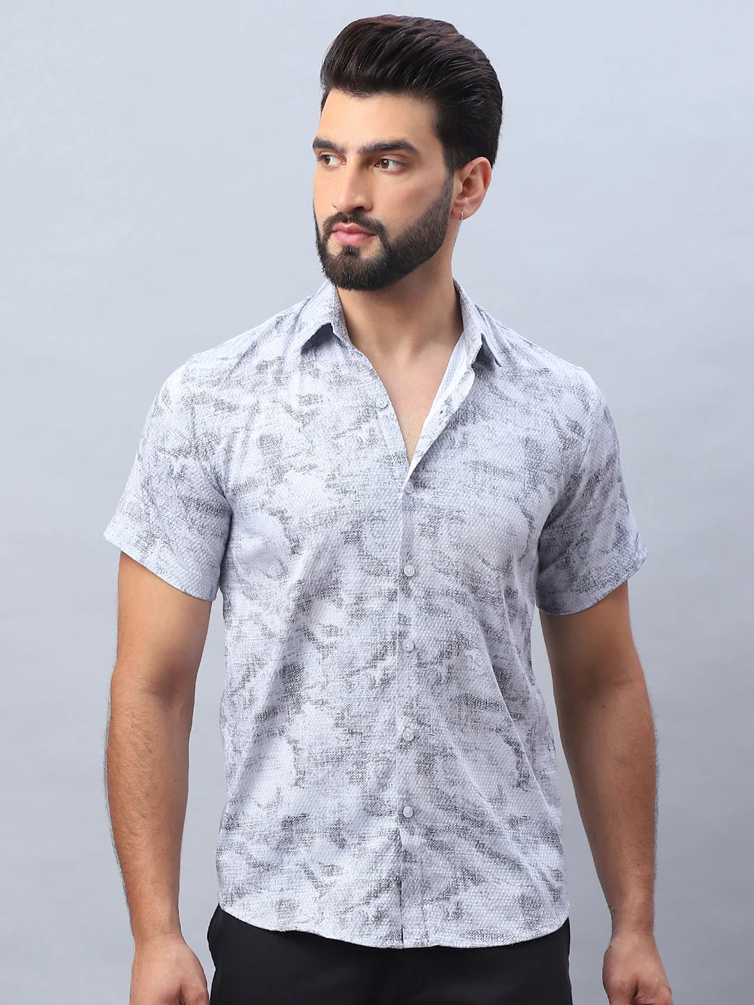 Abstract Printed Mens Shirt - Light Grey Cotton Blend