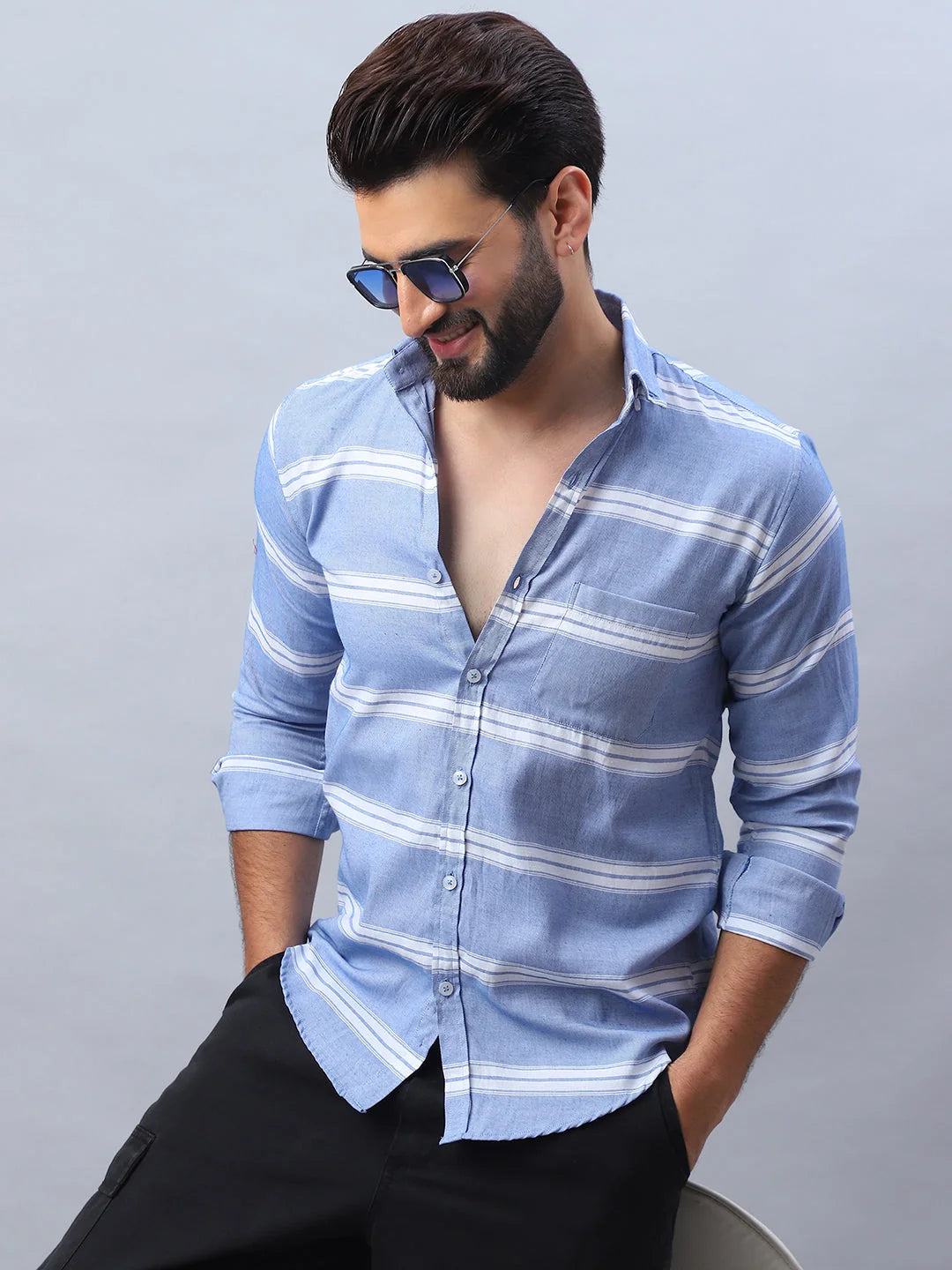 Blue Striped Cotton Mens Shirt | Long Sleeve Casual Wear