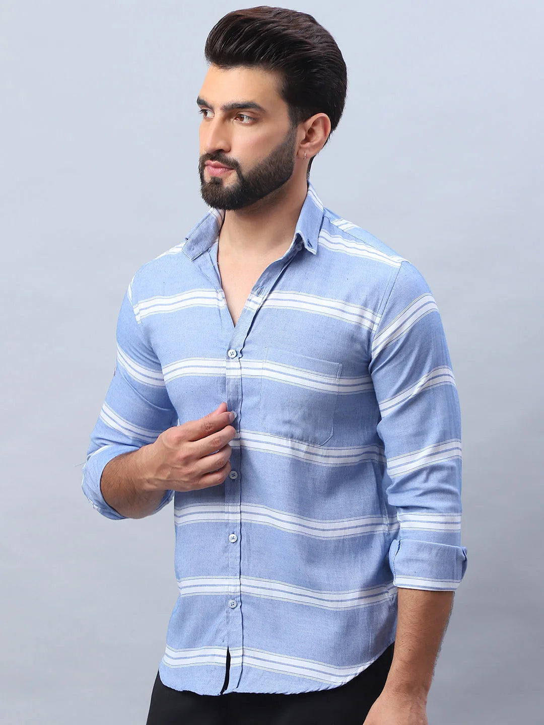 Blue Striped Cotton Mens Shirt | Long Sleeve Casual Wear