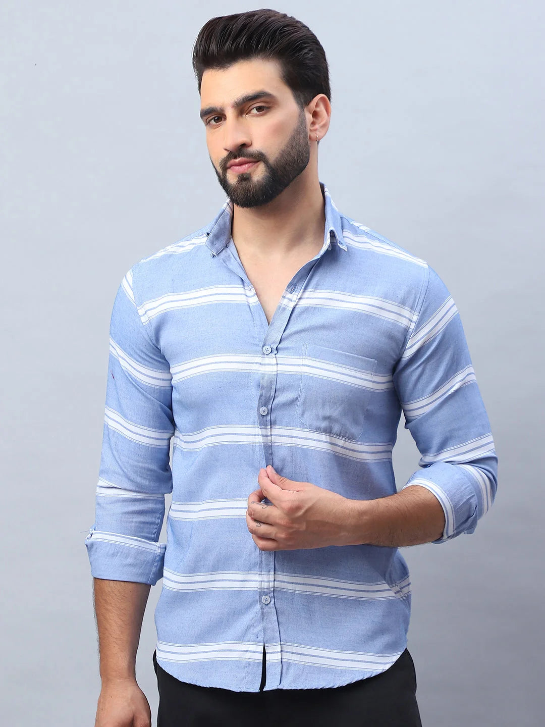 Blue Striped Cotton Mens Shirt | Long Sleeve Casual Wear