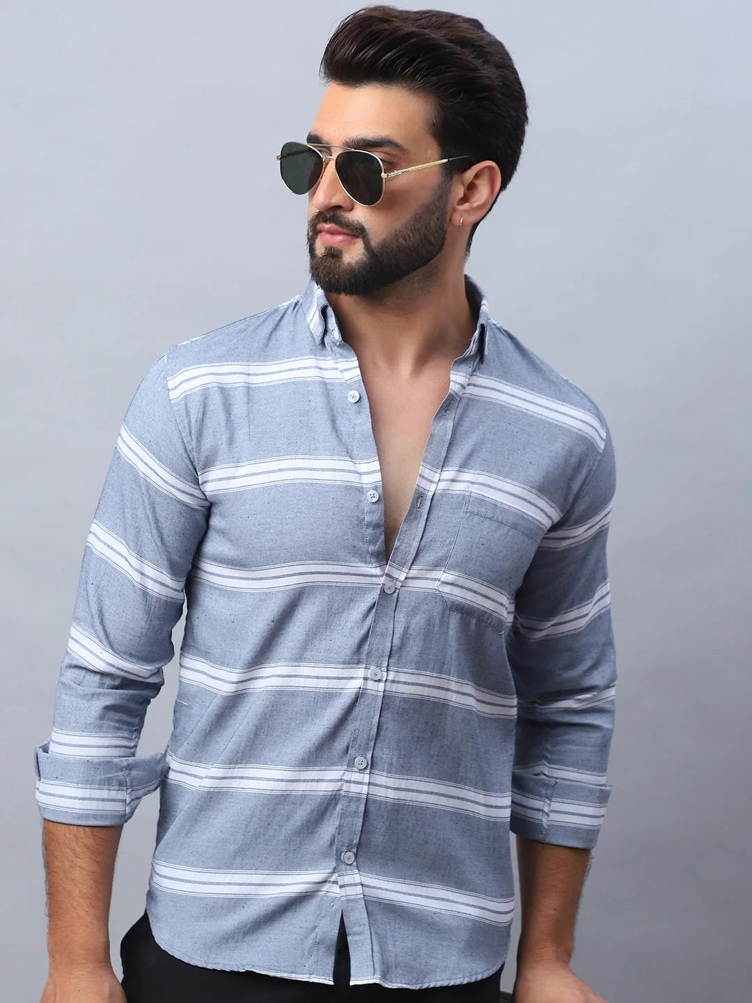 Striped Grey Cotton Mens Shirt | Casual & Stylish