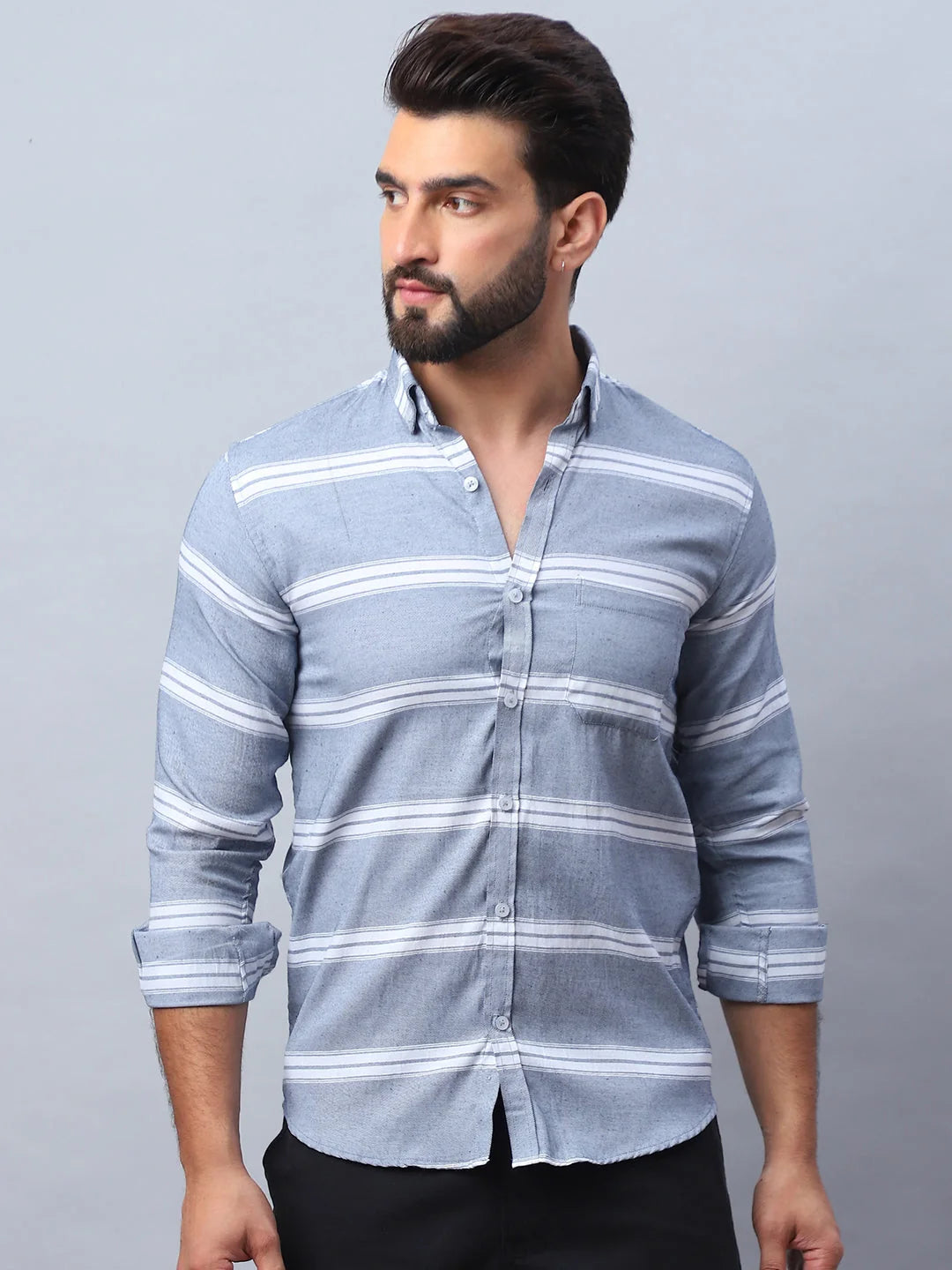 Striped Grey Cotton Mens Shirt | Casual & Stylish