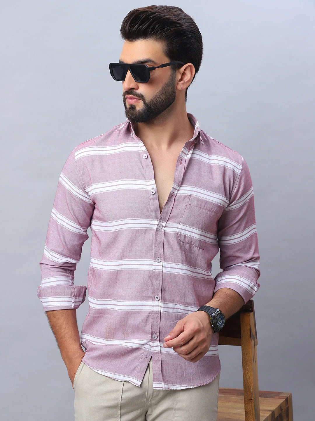 Striped Cotton Casual Shirt - Long Sleeve Mens Shirt